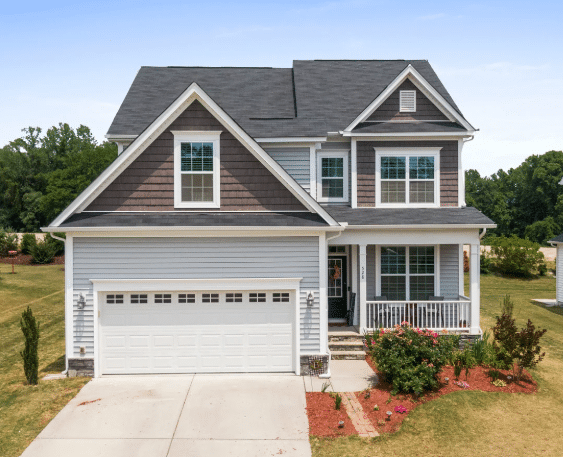 A house with a garage door
